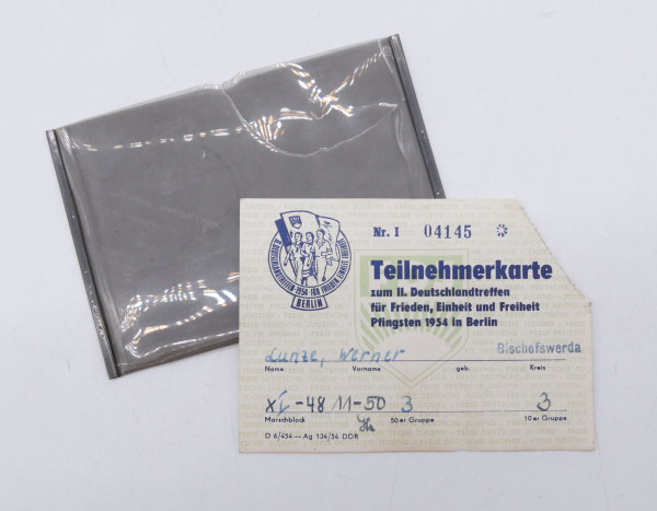 e12507 FDJ DDR Teilnehmerkarte zum II Deutschlandtreffen 1954 Berlin sehr selten