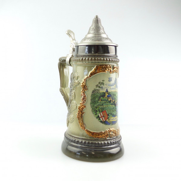 e12112 Alter Bierkrug mit Zinndeckel aus Cochem sehr dekorativ Keramik bemalt