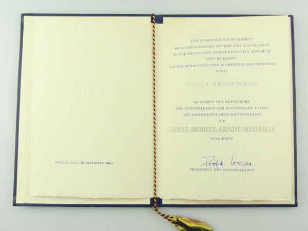 e12350 Original alte Urkunde für Ernst Moritz Arndt Medaille 1965 mit Mappe